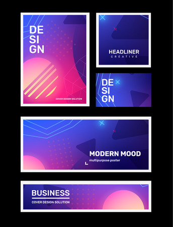Vector set of creative pink and blue abstract different retro illustration in frame with neon, planet, star. Business gradient abstraction background with header. Template composition design for web, site, banner, poster, presentationのイラスト素材