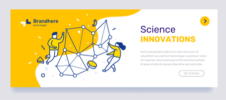 Vector business template with illustration of people with abstract graphic net, element. Science innivation concept with text on yellow background. Line art style design for web, site, banner, mobile website developmentのイラスト素材