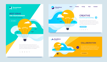 Vector set of business template with illustration with flying yellow air balloon in the form of light bulb. Idea concept with text on color background. Flat style design for web page, site, banner, mobile website developmentのイラスト素材