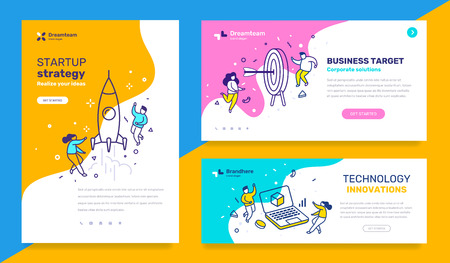 Vector set of template with business illustration with people on color background. Concept of startup strategy, technology, business target with text. Line art style design for web page, site, poster, mobile website developmentのイラスト素材