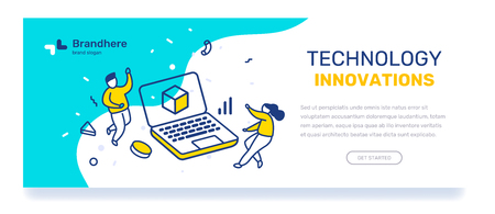 Vector business template with illustration of people with big laptop. Technology innovation concept with text on blue background. Line art style design for web, site, banner, mobile website developmentのイラスト素材