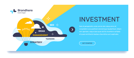 Vector business template with illustration on blue background. Investment concept with text, flying air balloon in the form of light bulb with cloud, tag word. Flat style design for web, site, banner, mobile website developmentのイラスト素材