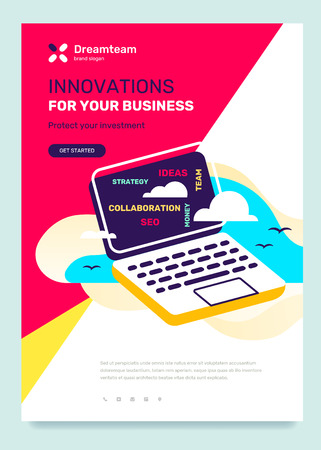 Vector business template with illustration on color background. Innovation concept with text, open laptop with cloud, text. Flat style design for web, site, banner, posterのイラスト素材
