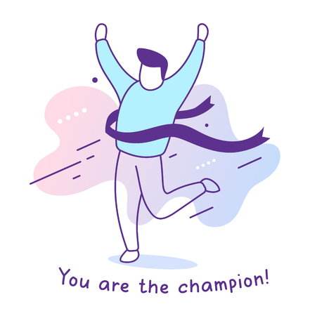 Vector sport illustration of man crossing the tape on color background. Concept of champion with running man, text. Line art style design for web, site, poster, bannerのイラスト素材