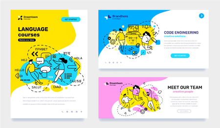Vector set of template with business illustration with people on color background. Concept of education, engineering, teamwork with text. Line art style design for web page, site, poster, bannerのイラスト素材