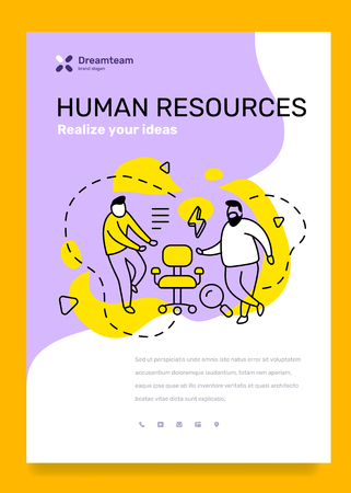 Vector business template with illustration of people with vacancy chair on color background. Human resources concept with text. Line art style design for web, site, posterのイラスト素材