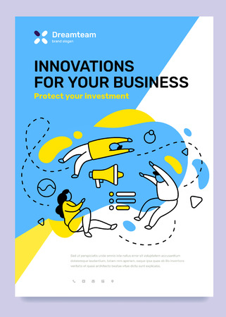 Vector template with illustration of people with megaphone on blue background. Business innovation concept with text. Line art style design for web, site, posterのイラスト素材