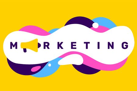 Vector creative illustration of business marketing word typography on yellow color background. Flat style design with megaphone icon for web, site  with abstract shape, horizontal banner, presentation, advertisingのイラスト素材