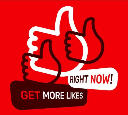 Vector creative illustration with thumb up on red color background with text. Line art style socila media design with empathetic emoji reaction for web, site, banner, card のイラスト素材