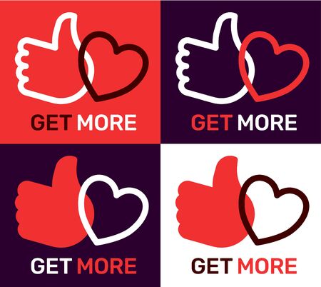 Vector creative pattern with heart and thumb up on color background with text. Line art style socila media design with empathetic emoji reactions for web, site, banner, card のイラスト素材