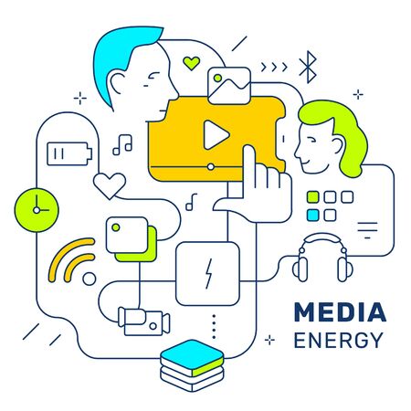 Vector creative media illustration on white color background. Concept with people head, different icon and text. Line art style design for web, site, banner, posterのイラスト素材