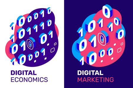Vector creative illustration of binary code with text on color background. 3d style design of one and zero isometric number for web, site, banner, conference, presentationのイラスト素材
