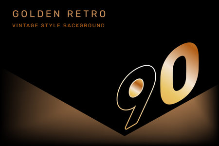 Vector isometric number 90 typography on dark color background. Creative illustration of shiny golden nineties. 3d retro style decorative design of 90s for web, site, banner, presentationのイラスト素材