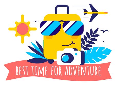 Vector tropical summer travel illustration with character suitcase in sunglass, air plane, photo camera and text on white color background. Flat cartoon style bright creative design for web, site, banner, poster, travel agency advertisingのイラスト素材