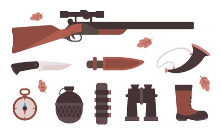 Vector illustration of set of different hunting equipment for forest wild hunting animal on white background. Flat style design for web, site, banner, posterのイラスト素材