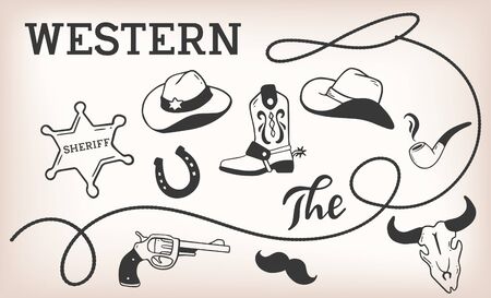 Vector vintage western illustration with set of wild west accessory on brown color background. Line art style cowboy design for web, site, banner, poster, sticker, printのイラスト素材