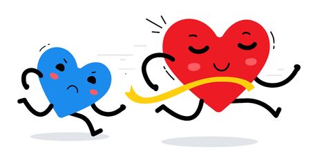 Vector illustration of red smiling happy heart and blue sad heart character running marathon on white background. Flat style design for Valentine's Day greeting card, web, site, banner, poster, stickerのイラスト素材