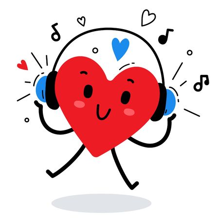 Vector illustration of happy red heart character listening to music in headphones on white background. Flat style design for Valentine's Day greeting card, web, site, banner, poster, stickerのイラスト素材