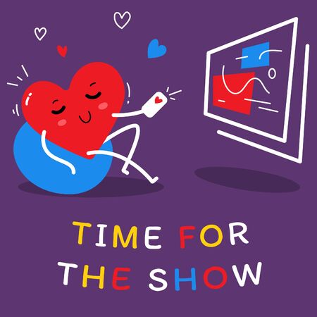 Vector illustration of red smiling heart character sitting with remote control and monitor on dark background. Flat style design for Valentine's Day greeting card, web, site, banner, poster, stickerのイラスト素材