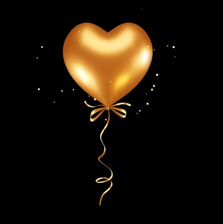 Festive 3d realistic golden heart shape air balloon with bow and ribbon on black background with glitter confetti and sparkle. Celebration vector romantic design of balloon for valentine day banner, romantic greeting cardのイラスト素材