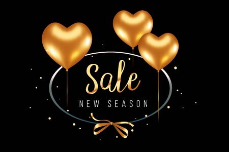 Vector seasonal sale illustration with 3d realistic golden heart shape air balloon on black background with text and glitter confetti. Special offer celebrate design for sale banner, grand opening, party flyerのイラスト素材