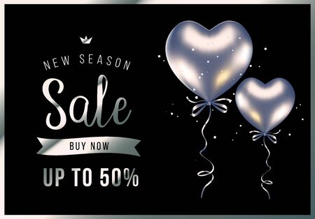 Vector seasonal sale illustration with 3d silver heart shape air balloon on black background with text and glitter confetti. Realistic celebrate special offer design for sale banner, grand opening, party flyerのイラスト素材