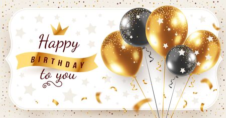 Vector happy birthday horizontal illustration with 3d realistic golden and black bunch of air balloon in frame on white background with text and glitter confetti. Holiday design for greeting card, party poster, invitation, bannerのイラスト素材