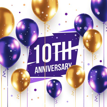 Vector anniversary illustration with 3d realistic golden and blue air balloon on white background with text. Holiday design with glitter confetti for greeting card, happy party poster, invitation, bannerのイラスト素材