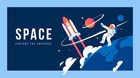 Vector creative template with illustration of cosmonaut in spacesuit exploring outer space and spaceship. Astronaut making spacewalk on dark background near earth. Flat line art style design of human spaceflight for the holiday cosmonautics day greeting bannerのイラスト素材