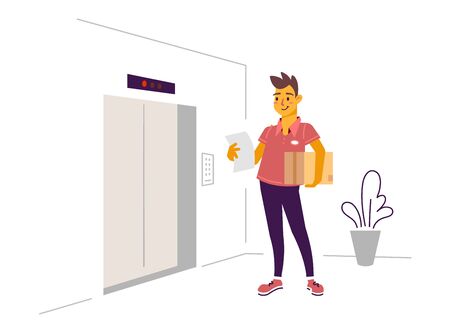 Vector illustration of happy delivery man with parcel box and order paper near elevator in building on white background. Delivery at home service. Flat line art style design of work people for web, site, poster, bannerのイラスト素材