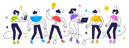 Vector bright creative illustration of crowd of geometric happy people on white background. Communication of group of business man and woman character. Flat line art style design for web bannerのイラスト素材