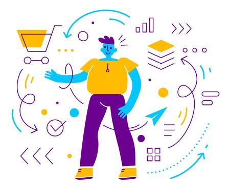 Vector creative illustration of happy guy on white color background with icon. Young positive man in casual clothes shopping online. Flat cartoon style design of people for web, site, poster, banner のイラスト素材