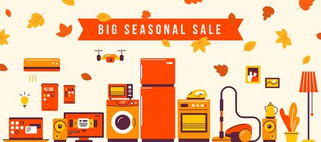 Vector set of household appliances on background fall leaf. Autumn seasonal sale of home domestic electronic appliances. Flat style design for web, banner, advertising, e-mail newsletterのイラスト素材