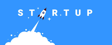 Vector creative business illustration of word startup and fly spaceship on blue color background...