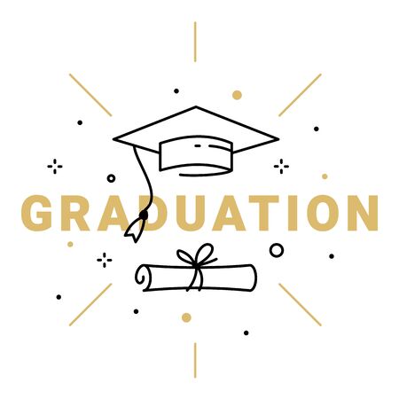 Vector illustration of golden word graduation with graduate cap and diploma on white background. Congratulation graduate class of graduation. Line art style design for greeting card, banner, invitationのイラスト素材