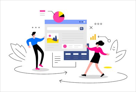 Vector creative business illustration of man and woman with board on white background. Report of financial analytics and statistics. Flat line art style design of work people for web, site, poster, bannerのイラスト素材