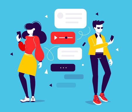 Vector creative illustration of young modern people with smart phone on color background. Man and woman chatting communication in messenger. Flat style design of work people for web, site, poster, bannerのイラスト素材