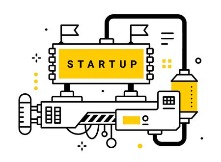 Vector industrial illustration of complicated mechanism with flag and board with word startup on white background. Line art style design of machine for web, site, banner, printのイラスト素材