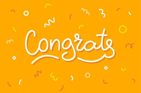 Vector typography illustration of word congrats with confetti on yellow background. Congratulation inscription for greeting card, banner, invitation. Line art style designのイラスト素材