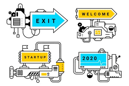 Vector set of industrial illustration of complicated mechanism with color arrow board and word on white background. Line art style design of machine for web, site, banner, printのイラスト素材