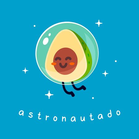 Vector illustration of cute happy character spaceman avocado in a helmet in outer space on blue background with star. Hand drawn cartoon art flat style design for poster, web, greeting cardのイラスト素材