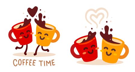 Vector romantic set of illustration of yellow and red happy character coffee cup with heart on white background. Coffee time concept. Hand drawn cartoon art flat style design for poster, card, shop, cafe, menuのイラスト素材