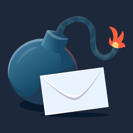 Vector creative realistic illustration of big black bomb with a burning wick on dark background and envelope. Cartoon style design of bomb with letter for web, site, banner, posterのイラスト素材