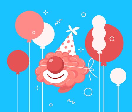 Vector holiday illustration of pink smart human brain with birthday hat and red clown nose on blue color background with air balloon. Flat style creative idea concept design of character brain for web, card, banner, posterのイラスト素材