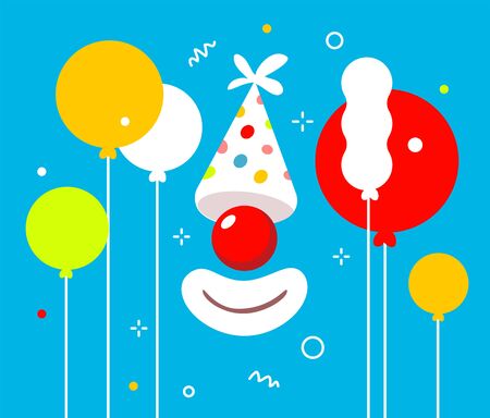 Vector holiday illustration of birthday hat and red clown nose with mouth on blue color background with air balloon. Flat style creative idea concept design for web, greeting card, banner, posterのイラスト素材