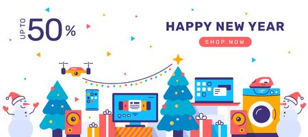 Vector winter illustration of set of household appliances on white background with christmas tree and happy snowman. Sale of home domestic electronic appliances. Flat style design for web, banner, advertising, e-mail newsletterのイラスト素材