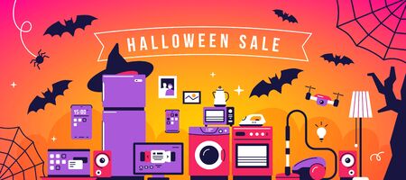 Vector holiday set of household appliances on orange background with bat and web. Halloween seasonal sale of home domestic electronic appliances. Flat style design for web, banner, advertising, e-mail newsletterのイラスト素材