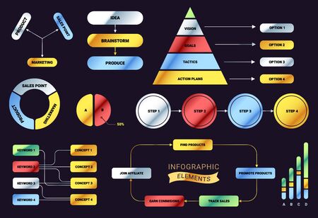 Vector set of creative business metal color shine infographic element on black background. Flat line art style illustration design of infographics for business presentation, annual financial reportのイラスト素材