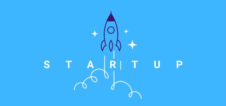 Vector creative business illustration of fly up spaceship and word startup on blue color background with cloud. Flat line art cartoon style idea design for startup web banner, poster, printのイラスト素材