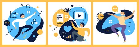 Vector set of creative business illustration of happy successful man and woman with icon on color background. Office project manager. Flat style design of work people for web, site, poster, bannerのイラスト素材